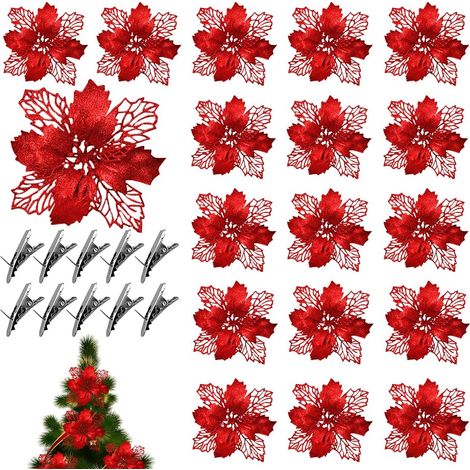 20 Pièces Poinsettia à Paillettes de Noël,Fleurs de Poinsettia de Noël,Poinsettia Artificiel,Fleurs de Noel Artificielles Deco,Decoration Sapin de Noel,Fleurs Artificielles Deco (Rouge) (1/5)
