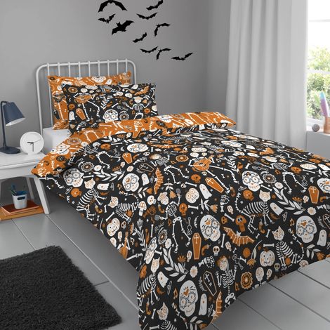 Housse de Couette Halloween Jour des Morts Taille Lit Simple 140 x 200cm Réversible 2 Couleurs Housse Lumineuse Squelettes Fantômes Chauves-Souris (1/5)