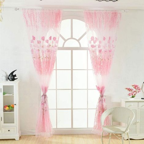 JSSEVN - Modern Sheer Tulle Curtains, Printed Curtains, Floral Pattern Curtains, Gossamer, Thin Sunshade Curtains 100250cm (Pink) (1/5)