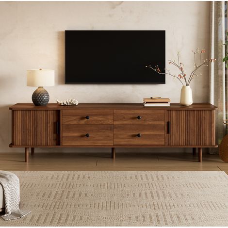 Meuble TV 165x40x46 cm en MDF noyer, 4 tiroirs et 2 portes coulissantes, pieds surélevés pour salon (1/5)