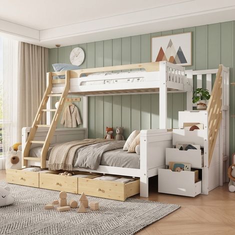Lit superposé familial 90x200/140x200 cm avec escalier de rangement, 3 tiroirs, échelle, garde-corps, structure en bois, blanc et naturel (1/5)