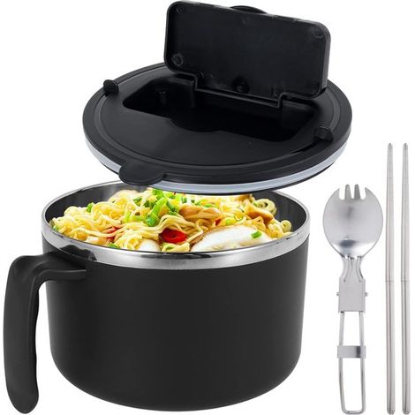 Ciotola per ramen rapido da 1200 ml con coperchio filtrante,ciotola per noodles in acciaio inossidabile con cucchiaio e bacchette (1/5)