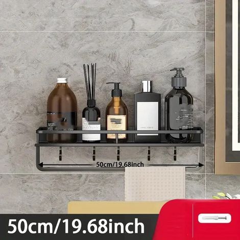 (Barre de rangement noire de 50 cm) Étagère murale en aluminium pour salle de bain, idéale pour ranger vos produits cosmétiques et autres articles de toilette. (1/5)