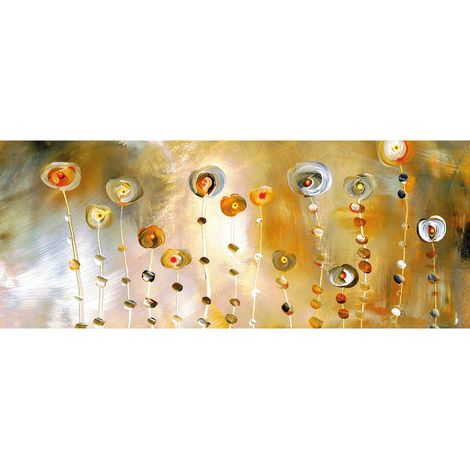 Tableau original fleuri pour salon | Tableau sur toile multicolore idéal pour cuisine | Tableau printemps fleurs doré et orange - 1,0 x 0,4 m (1/2)