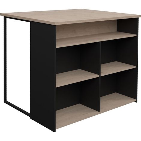 Ilot de cuisine avec rangement plateau aspect bois socle noir et pieds métal - CHUCK (1/5)