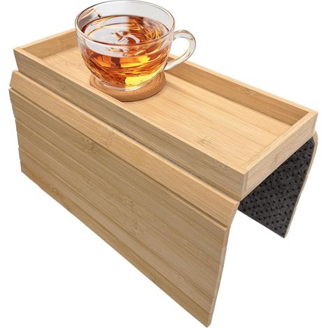 Plateau Accoudoir Canapé - 1 Pièce - Bois Massif - Rainures Antidérapantes - Salon et Bureau - Naturel (1/5)
