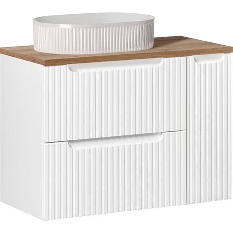 Mobile per lavabo singolo da 80 cm con 2 cassetti e 1 anta, modello Riva, bianco e legno (1/5)