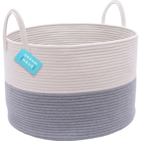 Panier de rangement pour couvertures 50 x 33 cm, panier à linge, panier de rangement en corde, grand panier de rangement décoratif, panier de rangement pour jouets, gris/blanc (1/5)