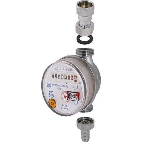 Schlösser Zapfhahnzähler, ohne Haube, für Warmwasser, 3/4" x 1/2", inkl. Eichgebühr