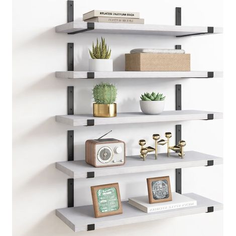 Set 5 Mensole da Parete Bianco Scaffali da Muro con Staffe in Metallo 40x12 cm