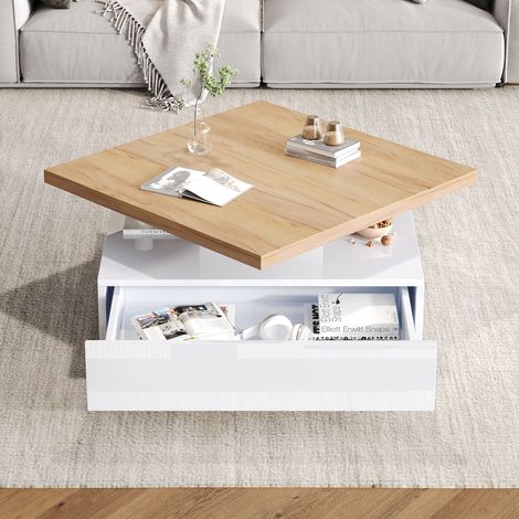 Hauss Spole – Table basse carrée pivotante 70x70x36cm – Rotation 360° – Aggloméré blanc brillant – Meuble de rangement pour salon (1/5)