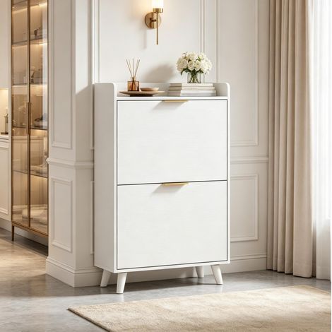 Mueble zapatero estrecho 70x30x120 cm de madera blanca para recibidor – MEUBLIV (1/5)