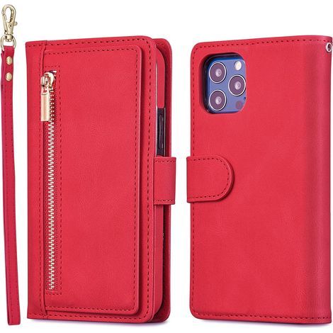 Magnetische Lederhülle mit großem Fassungsvermögen für iPhone 12 Pro (rot) (1/5)