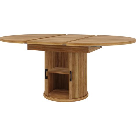 Tavolo da pranzo allungabile rotondo in MDF effetto noce 118-158 cm con ripiano portaoggetti (1/5)