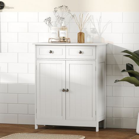 Meuble de salle de bain, unité de rangement avec 2 tiroirs, portes doubles et étagère réglable, 60 x 30 x 75 cm, blanc (1/5)