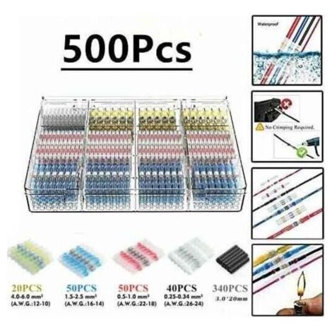 500 pcs Tube thermorétractable de borne de soudure électrique, Maidodo thermorétractable soudure bout à bout connecteur électrique isolé étanche marine automobile cuivre