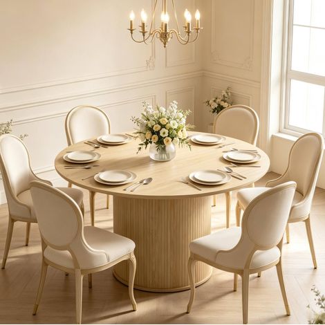 Table à manger ronde 4 à 6 personnes Ø120 x H75 cm avec base cylindrique cannelée bois naturel (1/5)