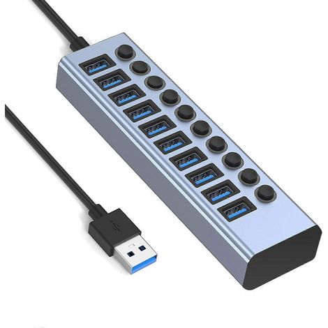 Adaptateur secteur USB 3.0 10 en 1 avec interrupteurs indépendants et boîtier en aluminium