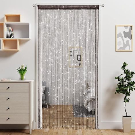 Rideau suspendu à perles - couleur café - avec des pompons scintillants - pouvant servir de séparateur de pièce  motif ajouré de style bohème (1/4)