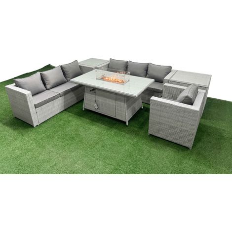 Fimous 7 Seat PE Rattan Lounge Sofa Set Outdoor Garden Furniture Set with Firepit Dining Table 3 Seater Sofa 2 Side Tables Light Grey (1/5)