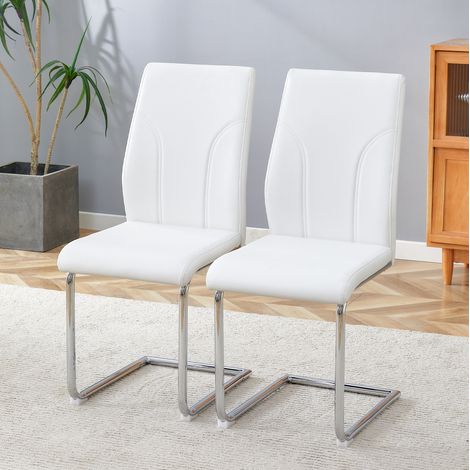 Chaise de salle à manger en PU blanc et métal argenté, assise rembourrée, montage rapide,40.6×40×90cm (1/5)
