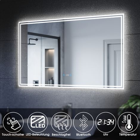 SONNI Badspiegel Badezimmerspiegel LED Beleuchtung Wandspiegel 120x70cm kaltweiß licht Touch Beschlagfrei Bluetooth 5.0 Uhr Temperatur Energiesparender, IP44