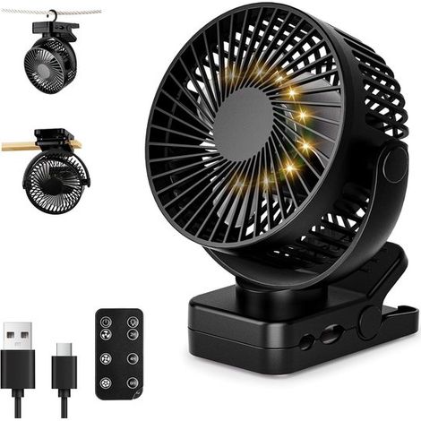 Ventilateur de bureau USB silencieux - Batterie 12000 mAh - Ventilateur de camping à pince avec télécommande - Mini ventilateur à batterie avec lumière et minuterie - Rotation à 360° - 3 vitesses (1/5)