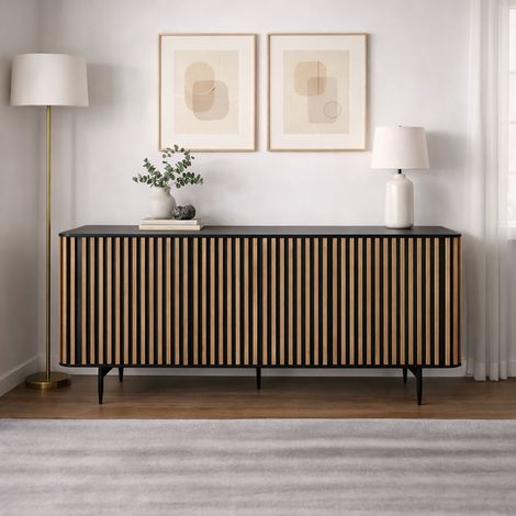 Buffet 3 portes 160x45x76 cm naturel et noir - LUNYA (1/5)