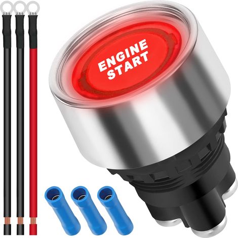 12V-24V / 50A Push Start Ignition Switch Momentary Engine Start Ignition Button Blue LED Ignition Button Car Start Stop Button SPST ON-OFF, Red