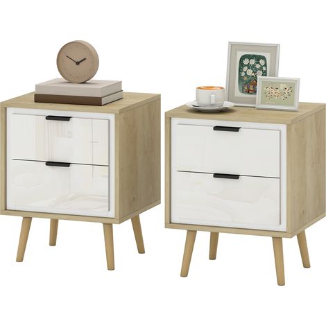 Ensemble de avec 2 tiroirs coulissants silencieux 40 x 35 x 50 cm Blanc brillant et chêne pliable 40 x 35 x 50 cm ch ne pour salon tables chevet modernes (1/5)