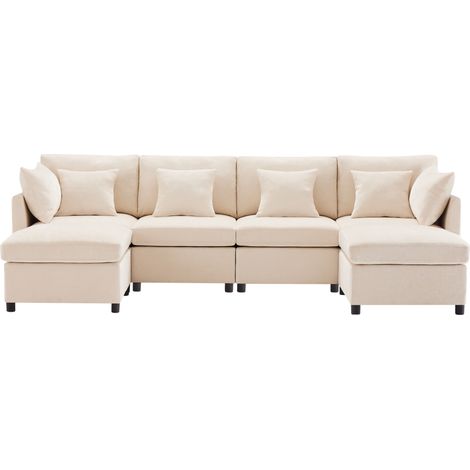 Divano angolare, divano da 4 posti con 2 poggiapiedi e 6 cuscini, in tessuto, beige (1/5)