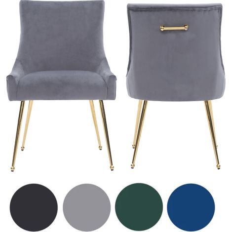 Set of 2 Grey Viviana Velvet Dining Chairs with Gold Legs and Ring Handle - Modern Upholstered Accent Chair (1/5)