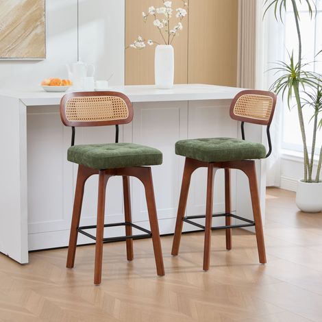 Set de 2 tabourets de bar pivotants 360°, tabourets cuisine et bar avec dossier, dossier en rotin et assise rembourrée, style mid-century moderne, vert, chenille (1/5)