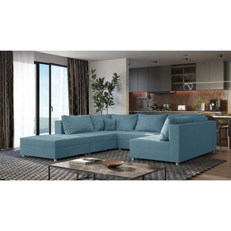 Wohnlandschaft Sofa ANDRO Schlaffunktion und Hocker Stoff Lincoln Sky (1/5)