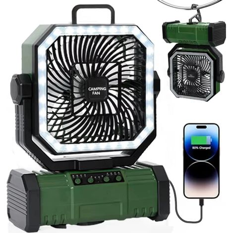Ventilateur de camping extérieur (vert), 20 000 mAh, rechargeable, avec lumière LED et télécommande (1/5)