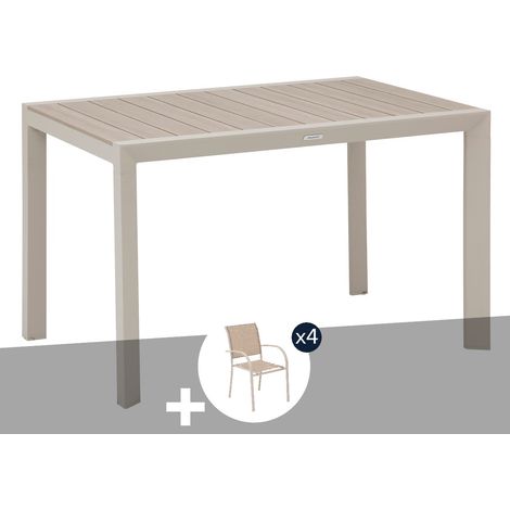 Table de jardin rectangulaire alu Evasion 4 places effet bois Lin et argile + 4 fauteuils Piazza - Hespéride