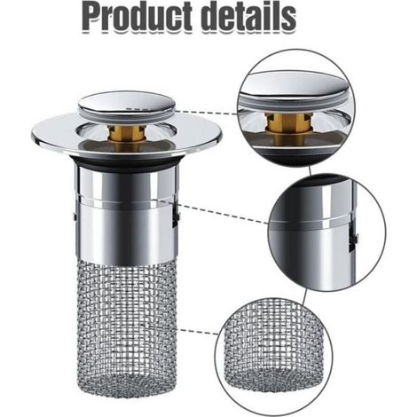 Bouchon Lavabo - - SHE-2589 - Acier Inoxydable - Filtre Amovible - Attrape-Cheveux (1/4)