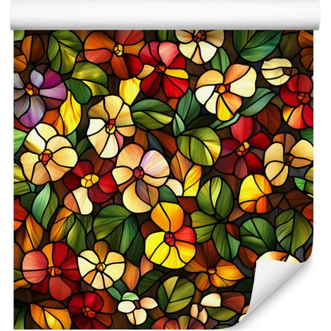 Papier peint à motifs de fleurs en vitrail jaune et ocre pour salon et chambre 50x1000 cm (1/5)
