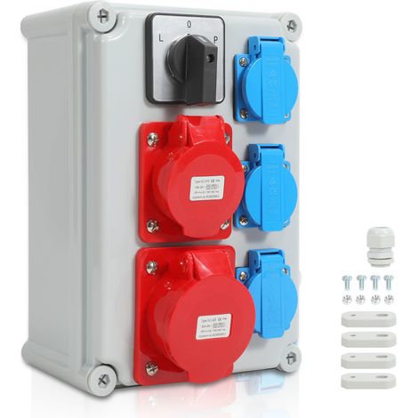 TolleTour Stromverteiler Wandverteiler mit L-0-P Nockenschalter und MCB,5 Polig Baustromverteiler mit 3xSchuko-Steckdose und CEE-Steckdose 16/32A Stromverteiler für Innen und Außen