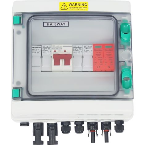 Boîtes de Protection contre la foudre DC1000V 32 Amps 2 Entrées 2 Sorties Isolateur Disjoncteur et Parafoudre, IP65 Boitier de Jonction Solaire Pour Les Panneaux Solaires Extérieurs (1/5)