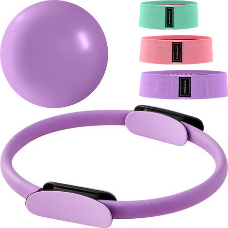 Trintion 14 Zoll Pilates Ring Set Magic Circle Mit Doppelt Gepolsterten Griffen 3 Widerstandsbändern (20/30/45 LBS) Rutschfestem Miniball Trainingsanleitung und Tragetasche (Lila) (1/5)