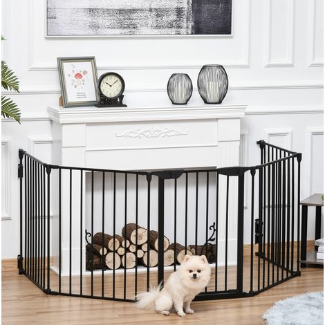 Barandilla plegable para perros de 5 elementos con puerta, metal negro, 300 x 74,5 cm OKMYHOME (1/5)