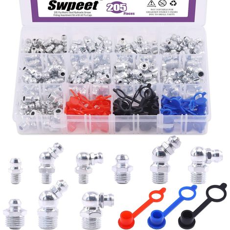 206 pièces Kit de raccords hydrauliques - M6 M8 M10 Raccords droit, 45 degrés, 90 degrés Zerks de graisse pour raccord Zerk cassé (1/5)