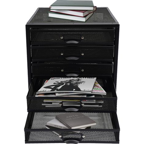 Organisateur de bureau maille métallique noir, bac à courrier, Meuble de rangement à 5 tiroirs, boîte de rangement, pour documents,livres, magazines et fournitures (1/5)