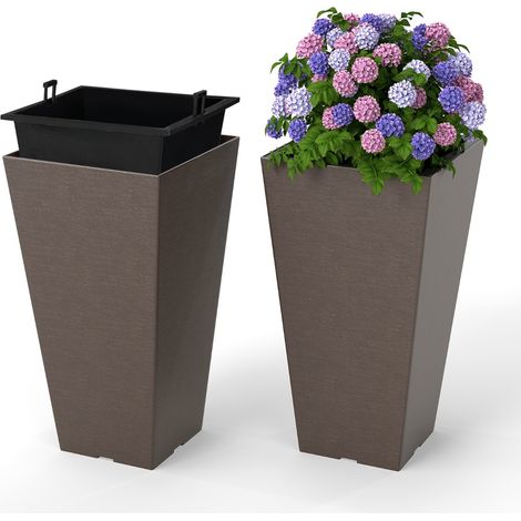 Vasi da fiori auto-irriganti da 57 cm con secchio interno rimovibile e fori di drenaggio Set di 2 vasi quadrati ed esterno per casa Marrone (1/5)