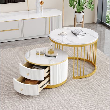 Tavolino basso gigogne 2 pezzi rotondo, effetto marmo lucido, 60x60x45,5 cm, bianco DESVIAE (1/5)