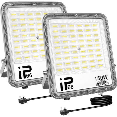 2 Pièces Projecteur d'extérieur 150W,Sécurité projecteur 15000 lumens avec prise, lampe de travail extérieure, 6000K éclairage extérieur blanc pour cour patio parking jardin,étanchéité IP66