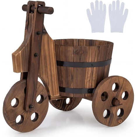 COSTWAY Carrello Portafiori in Legno Massello, Carretto Portapiante con 3 Ruote, Foro di Drenaggio e Guanti, Fioriera Triciclo da Interno ed Esterno per Patio, Balcone e Giardino (1/5)