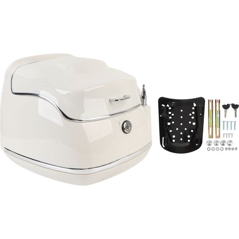 Coffre supérieur de moto étanche de 38 L, ajustement universel avec plaque de base de verrouillage à clé, coffre de bagages, étui de rangement pour queue de casque, gants, blanc (1/5)