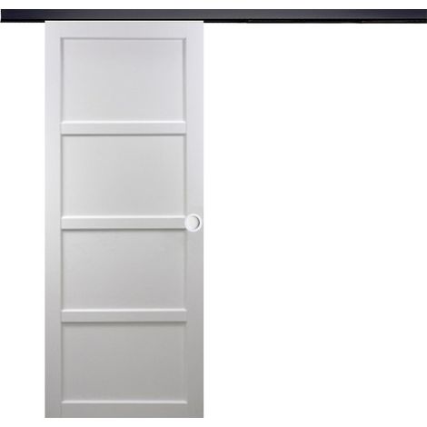 Porte Coulissante Tamera Blanc 4 Panneaux H204 X L63 Cm, Rail Alu Bandeau Noir, Coquilles Blanc Gd Menuiseries